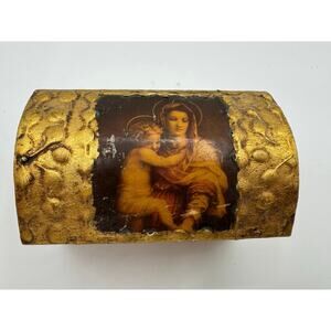 Rare Vintage Gold Embossed Religious Trinket Box – Virgin Mary & Child Christian